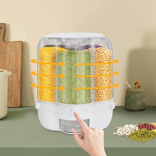 GXFCHYL 6 Grids Rotating Grain Dispensers Multi Cereal Dispenser Rice Dispensers 360° Rotating Food Dispenser Visible Round Dry Rice Container for Beans, Barley, Millet (12.5kg/ 27.56lbs)