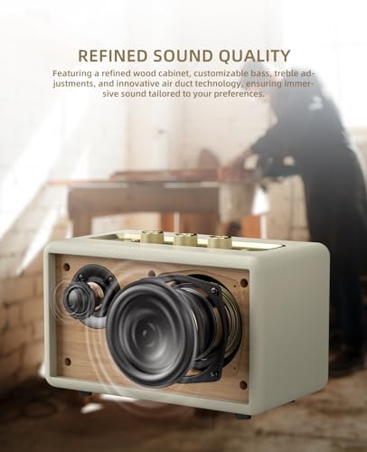 Image of MLOVE A200 Portable Retro Bluetooth Speaker with Aux Input, USB Port, Micro SD Card Slot - Decorative Wireless Bookshelf Speakers for Home & Office, Battery Powered, White and Gold