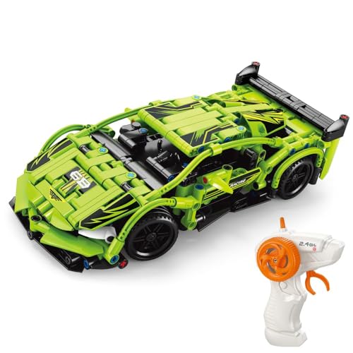 Image of RC Remote Control Engineering Model Car Creative Assembly Toy Kit 2.4GHz Rechargeable Sports Car Toy with Openable Doors & High Speed Racing DIY Model Kit for Kids (Block Rc Car Green)