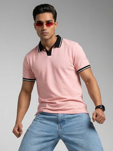 Image of Veirdo Men's Polo T-Shirt Regular Fit with Contrast Pattern & Striped Trim on Collar and Half Sleeves, Stylish Solid Casual, Weekend & Outdoor Wear (Sizes S to 2XL)