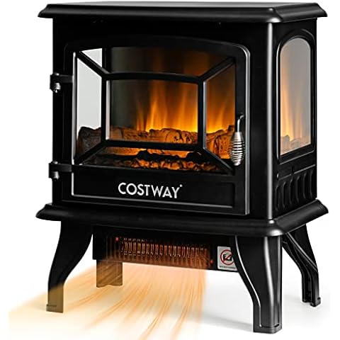 COSTWAY Electric Fireplace Stove, Freestanding Fireplace Heater with Realistic Dancing Flame Effect and Adjustable Thermostat, Indoor Electric Stove Heater with Overheat Protection, 1400W Cover