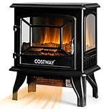 COSTWAY Electric Fireplace Stove, Freestanding Fireplace Heater with Realistic Dancing Flame Effect and Adjustable Thermostat, Indoor Electric Stove Heater with Overheat Protection, 1400W