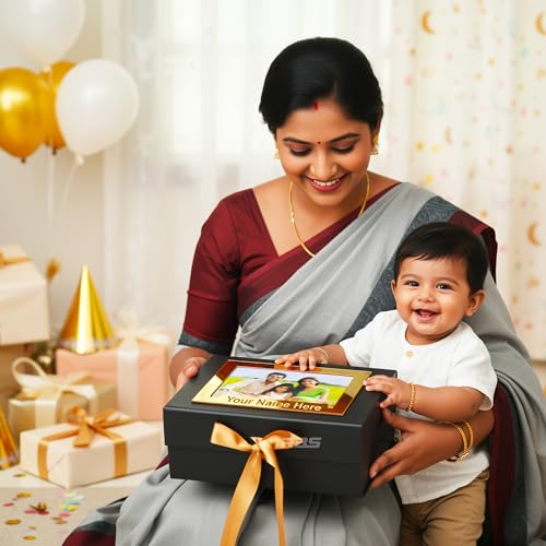 Image of RBS-Customized Name Print Gold Acrylic Gift Box with Photo Frame (23x16x10cm) Gift Box for Packing Custom Keepsake Gift Boxes for Birthday, Wedding, Anniversary Holds Upto 5 kg Hamper Packaging Box