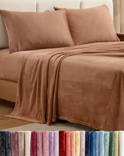 Image of Fleece Sheets Cal King Size Set - 4-Piece Flannel Sheet Set - Mocha Mousse