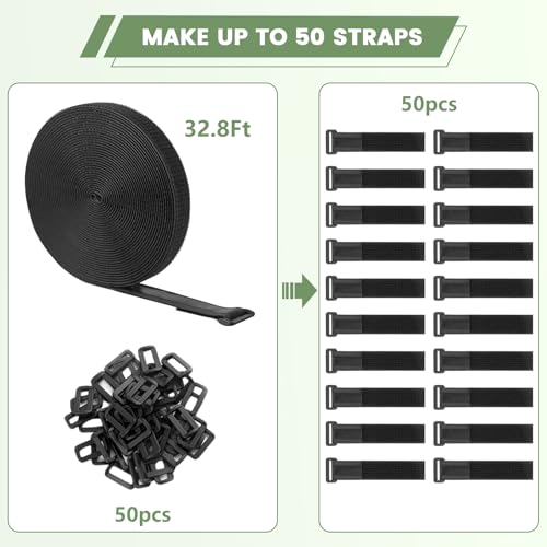 Image of Heavy Duty Hook and Loop Cinch Straps with Non-Slip Rubber Backing | 1 in x 32 ft, 50 Buckles | Cut-to-Length Adjustable Straps for Fastening & Organizing | Black
