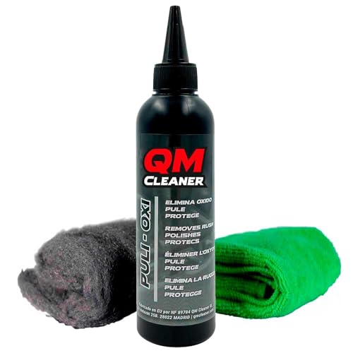 QM Cleaner Kit Puli-Oxi | Lucidante per metalli, smacchiatore di ruggine e detergente per cromature - Include anche lana d'acciaio 000 + panno in microfibra