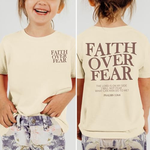 Image of Girls Faith Over Fear Christian Shirts for Kids Jesus God Bible Verse Religious Tshirt Cute Preppy Graphic Tees Tops