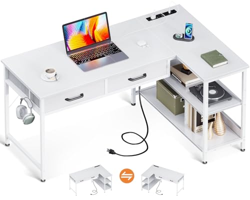 AODK パソコンデスク 引き出し2杯付き ゲーミングデスク コンセント付き l字デスク デスク 机 幅100 pcデスク 棚付き 勉強机 収納 desk 在宅勤務 ?? 仕事用 組立簡単 ホワイト
