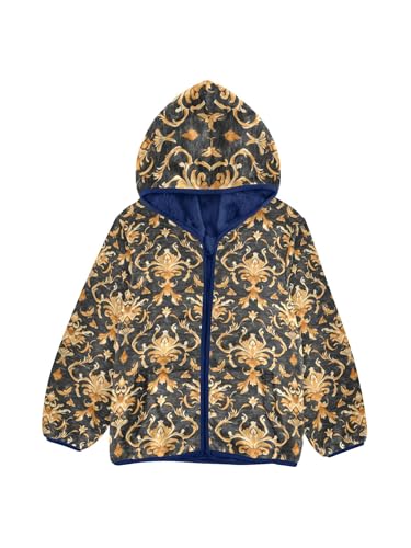 Vintage Gold Floral Girls Fleece Jacket Girls Fall Jacket Boys Coats Zip Up Hoodie Children Sherpa Warm Outerwear 2-10T