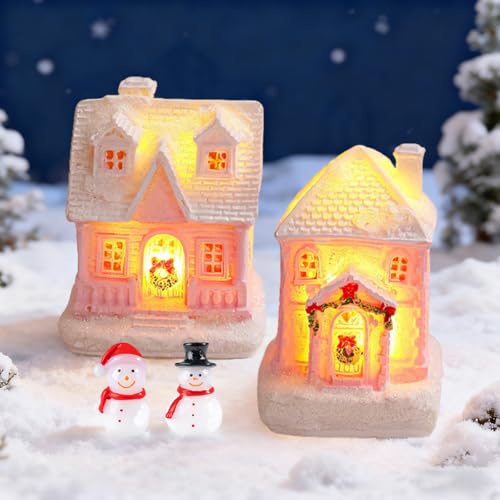 GAROMIA Weihnachtsdorf mit Beleuchtung 2 Stück Mini Lichthaus...