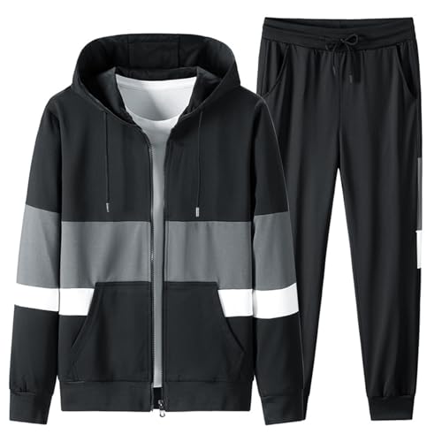 Hooded Tracksuit Set for Men Zipper Drawstring Long Sleeve Sweatshirt Jogger Trousers Workout Sport Outfits Plus Size