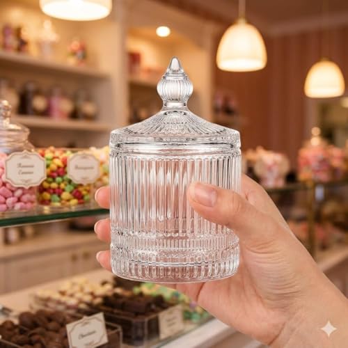 Image of bellemax 370 ML Ribbed Glass Candy Jar with Lid | Transparent Decorative Storage Container for Candy, Cookies, Chocolates, Dry Fruits & Snacks | Elegant Kitchen & Dining Organizer | Pack of 1