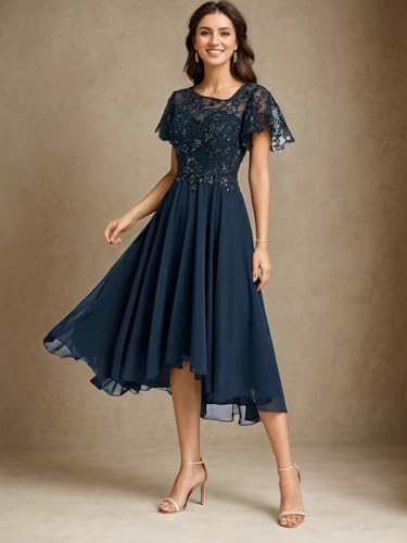 A line Elegant Wedding Guest Dress Mother of The Bride Dress Asymmetrical Chiffon Scoop Neck Short Sleeve Sequins 20242