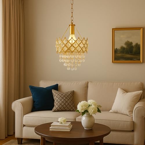Image of TRIPPING Golden Crystal Ceiling Pendant Lamp with E27 Bulb Holder - Elegant Chandelier-Style Light for Living Room, Dining Hall, Hotel, Balcony, Cafe, and Reception Decor