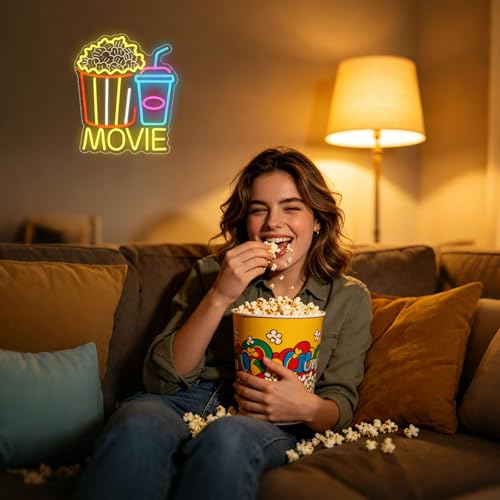 Image of Movie Neon Sign for Wall Decor, Movie Neon Light with Popcorn Drink, USB Dimmable Led Lights Signs for Film Room Cinema Game Room Man Cave Party