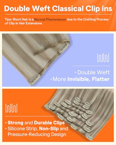 Image of Full Shine Clip in Hair Extensions Real Human Hair Ash Blonde Highlights | Natural Hair Clip in Extensions, Double Weft, Soft Straight, Remy Brazilian Hair, 7 Pcs 20 Inch 120g