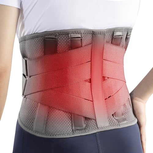 HONGJING Heated Back Brace for Lower Back Pain Relief - Rechargeable Compression Back Belt Lumbar Support for Herniated Disc, Scoliosis(Grey, L)