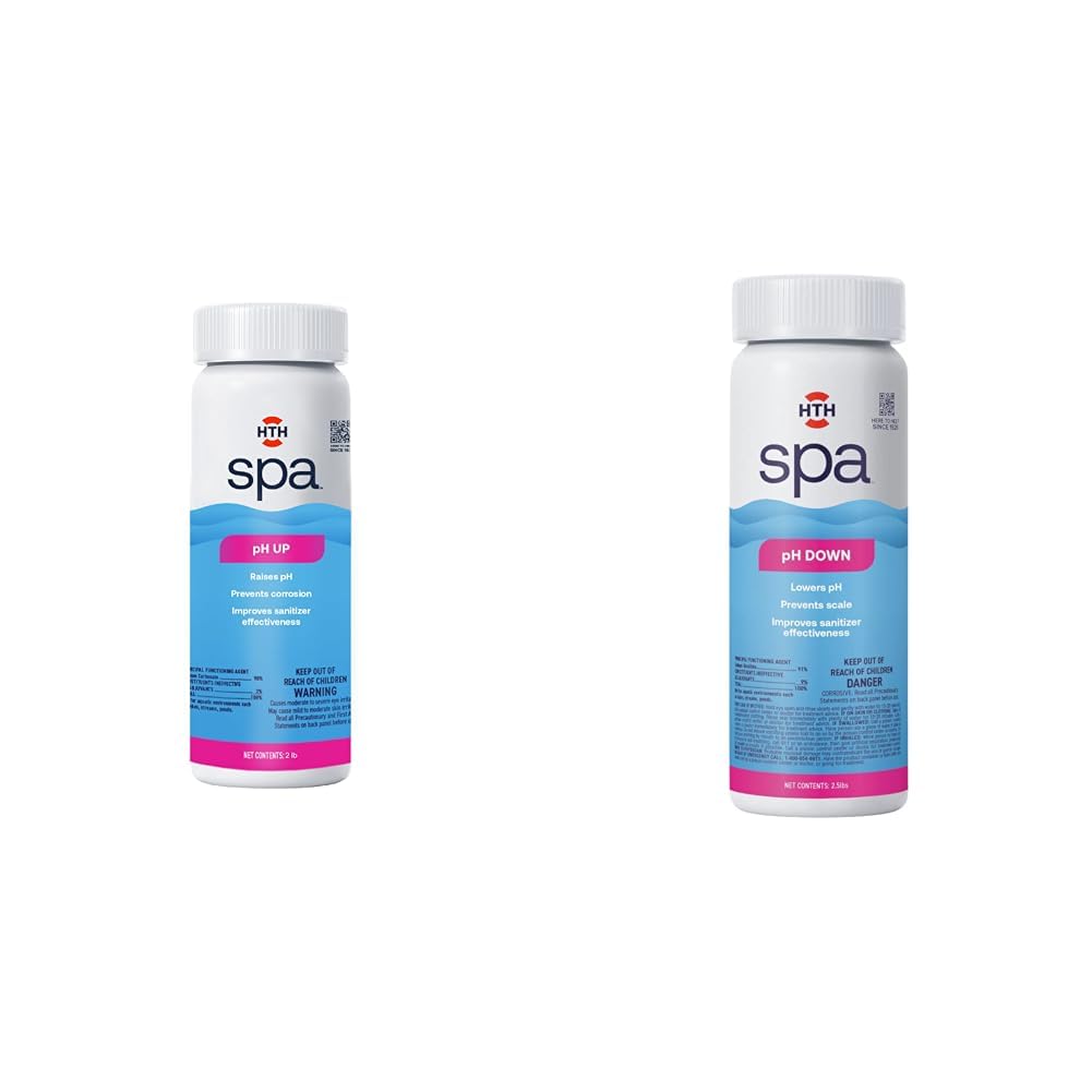 HTH Spa 86133 pH Up, Spa & Hot Tub Chemical Raises pH, Prevents Corrosion, 2 lbs & Spa 86132 pH Down, Spa & Hot Tub Chemical Lowers pH, Prevents Scale, 2.5 lbs