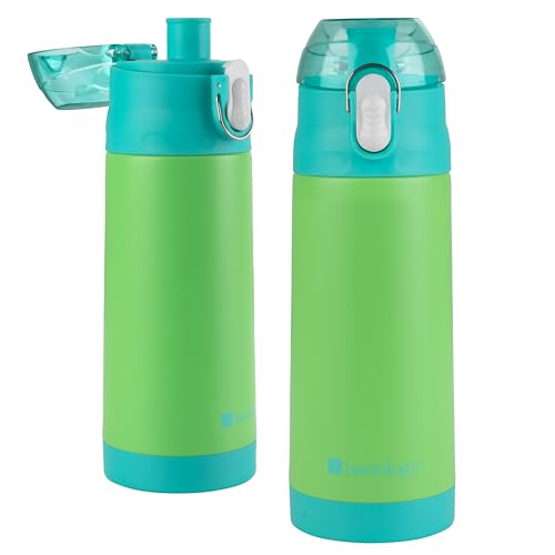 Image of Bentology Stainless Steel 13 Oz Reusable Water Bottle for Kids, Green | Double Wall Insulated, Spill Proof Lid W /Built-in Straw- Keep Liquids Hot or Cold- Easily Fits in Lunch Boxes & Bags