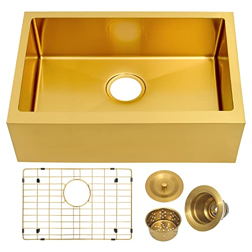 MILOSEN Undermount Gold Kitchen Sink, Stainless Steel Farmhouse Sink, Single bowl Apron Sink, 23×16 inch Kitchen RV Sink, 7 inch depth kitchen RV sinks, Farm Apron Front sink.