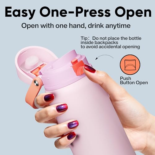 Image of Insulated Water Bottle with Straw - Encool Stainless Steel Water Bottle with Push Button Lid, Leak-Proof & BPA-Free, Keeps Cold for 24 Hours for Sports, Travel, Gym (32 oz, Lily-Red)
