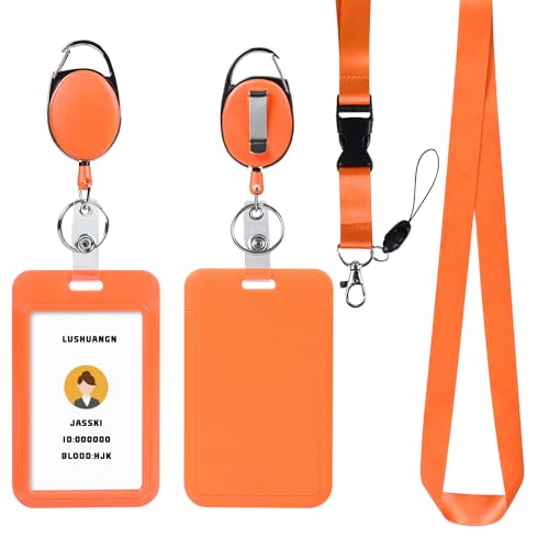 Image of Orange ID Key Card Holder Lanyard,Badge Holders Keychain with Retractable Oval reels,Vertical Credit Card Holder Name Protector,for Nurse Teacher Student Women Girl