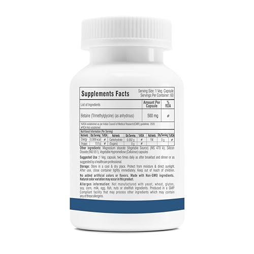 Image of Trexgenics BETAINE - TMG (Trimethyglycine) 500 MG Homocysteine Balance, Liver Care, Athletic Performance Support (60 Veg Capsules) (Pack of 1)