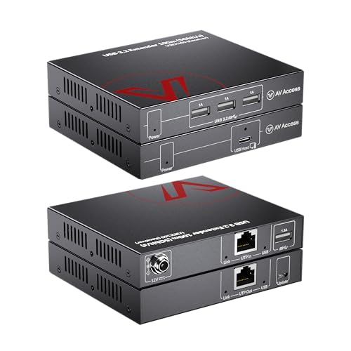 AV Access HDbaseT USB 3.2 Extender Over Ethernet Cat6a/7 100M/330FT, 4 USB 3.2 Ports 5Gbps for Long Distance Extension, 6.6FT USB C to A Cable Included, Plug&Play, Supports All Operating System, PoC