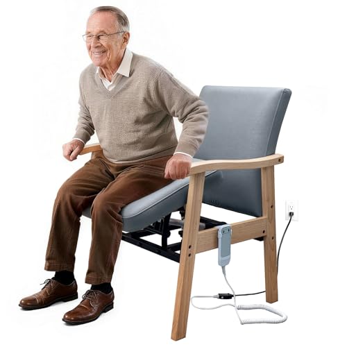Image of EasyVibe Motorized Stand Up Armchair for Small Spaces - Electric Lift Seat for Seniors, Solid Oak & Gray Leather, Sturdy Steel Core, 280 lbs Capacity, Slate Gray