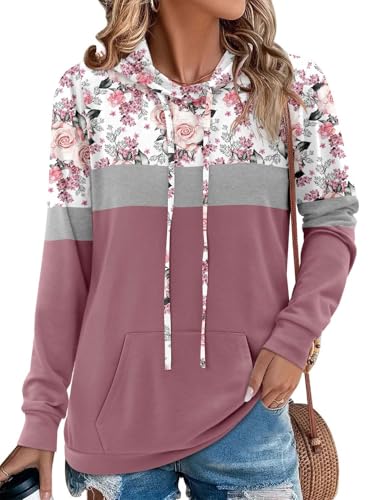 Angerella Plus Size Hoodies for Women Long Sleeve Floral Print Tops Pullover Sweatshirt Rose Flower Shirt Pink 3XL