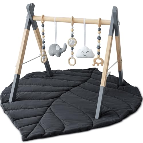 Image of Wooden Baby Play Gym with Mat, Foldable Baby Play Gym Frame Activity Gym Hanging Bar with 5 Gym Baby Toys Playmats for Newborn Baby (Foldable Baby Play Gym with Mat)