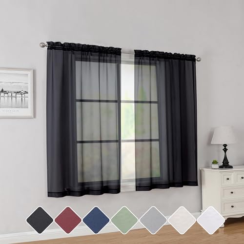 Image of Simplebrand Black Short Sheer Curtains 45 Inch Length for Small Windows, Rod Pocket 2 Panels Set Solid Voile Drapes Window Sheer Curtains for Bedroom Bathroom Kids Room Kitchen, 42x45 Inch
