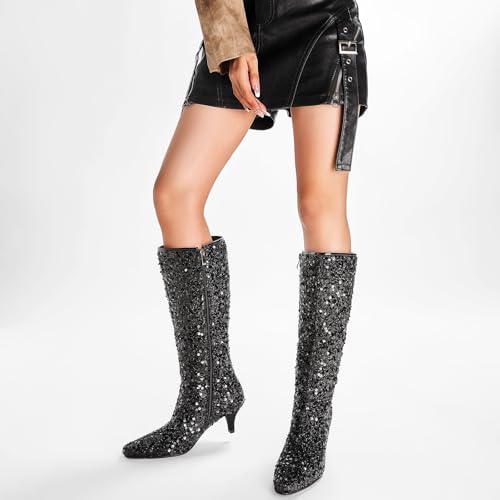 GOSERCE Sparkly Black Knee High Boots for Women Low Heel Kitten Heels Sequins Pointed Toe Bling Fashion Womens Booties Zipper Sexy Short Glitter Boot Ladies Shoes Wedding Party Dance3