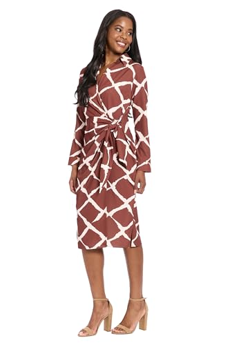 London Times Women's Long Sleeve Collared Shirt Dress-Self-tie Waist Belt Knee Length Lightweight Woven Fabric2