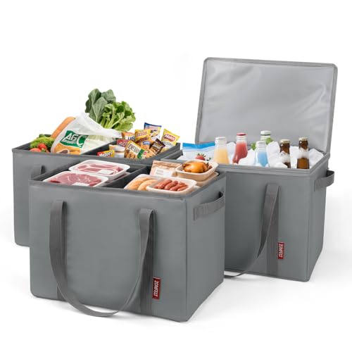 ZOMFELT Reusable Grocery Bag (3 PCS), Foldable Shopping Bags with Removable Dividers & Hard Bottom for Organized Storage, 2-Pieces Heavy Duty Tote Bags with Insulated Cooler Box for Shopping, Picnic