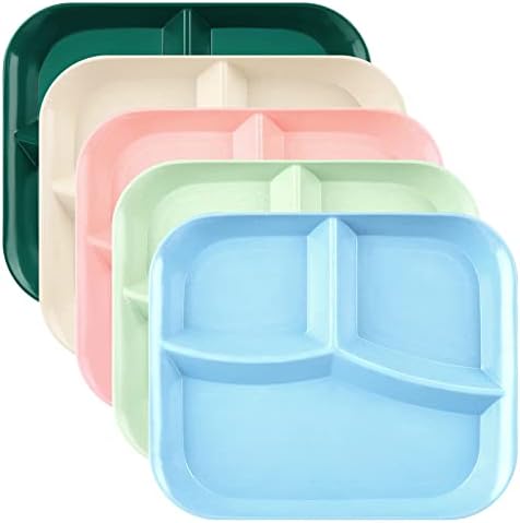 DLF. DONGLINFENG Adult Compartmentalized Dinner Plates 5-Piece Set Unbreakable Portion Control Wheat Plastic Dinner Plates (Compartmentalized Plates/Picnic Plates) 10-Inch