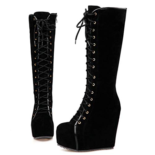 KOKOMOMO Womens Platform Wedge High Heels Mid Calf Length Lace Up Boots2