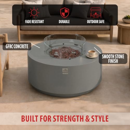 Image of AMS Round Concrete GFRC Propane Gas Fire Pit Table Bundle (Light Gray)
