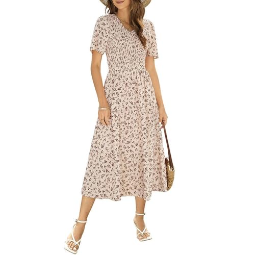 Robe d'été superposée à Smocks Floraux Boho à Manches Courtes col en V avec poches