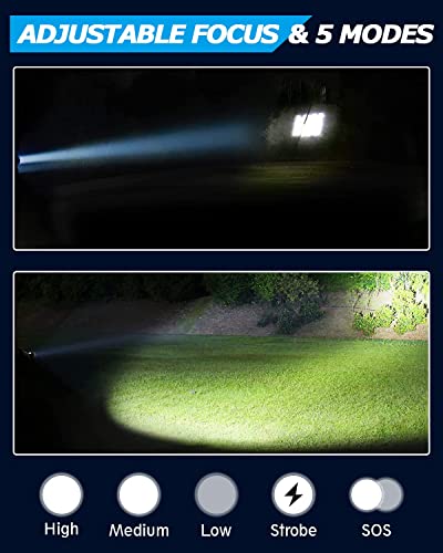 LED Torch Rechargeable Torches Super Bright 2000L Battery Powered Powerful Flashlight L2 CREE Adjustable Focus 5 Modes IP65 Waterproof Outdoor Handheld Pocket Flash Light for Camping Hiking Emergency