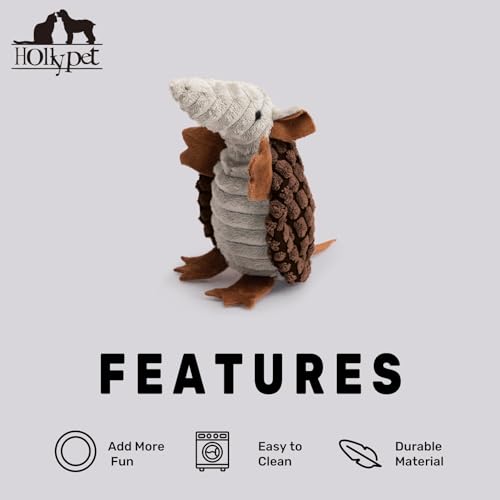 Image of Hollypet Plush Dog Squeaky Toy Stuffed Armadillo Animal Pet Puppy Chew Toys with Clean Teeth for Small Medium Large All Breed Sizes Dogs, Brown, 6 in