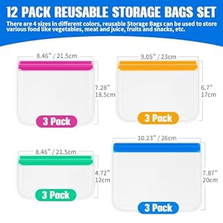 Septeamay 12 Pack Reusable Freezer Bags, BPA Free Food Bags Zip Seal For Keeping Lunch, Sandwich, Snacks, Fruit, Vegetables,Soup, Meat,Grains Fresh Clear Silicone Leakproof Food Storage Bags - 4 Sizes