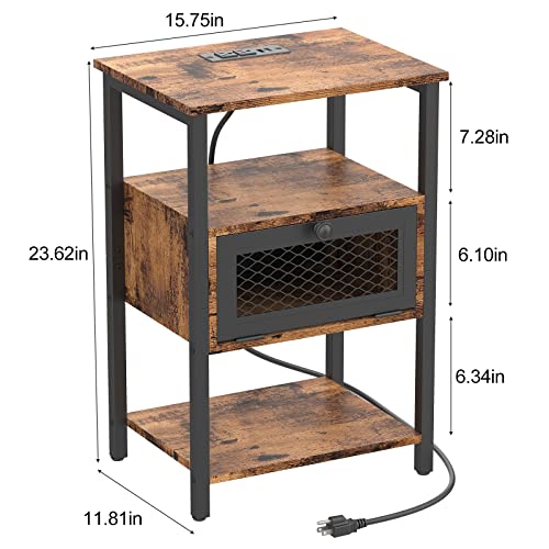 Domydevm Nightstand With Charging Station, End Table With Power Outlets And Usb Ports, Farmhouse Side Table With Drawer And Storage Shelf For Living Room, Bedroom, Rustic Brown #TOP2
