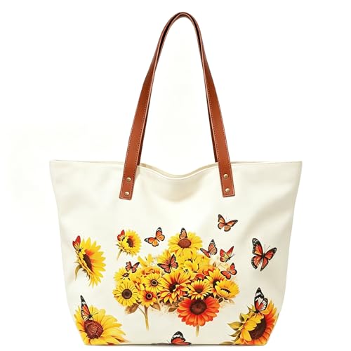 ZVUZVO Sunflower Canvas Tote Bag With Leather Handle Reusable Grocery Bags for Birthday Gifts Floral Lover. Sunflower with Butterfly