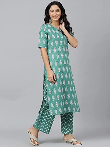 Image of GoSriKi Women's Cotton Blend Printed Straight Kurta, Palazzo & Dupatta (Tinka New-GO)