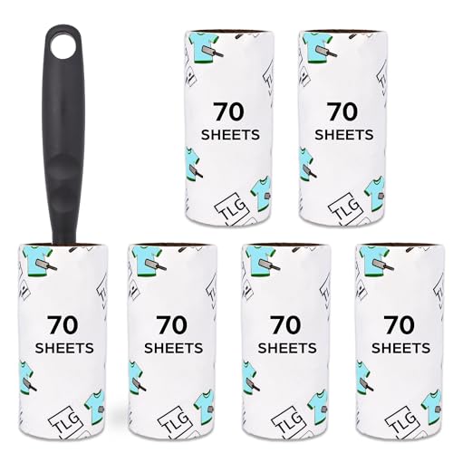 TLG Lint Roller, 6 Refills 420 Extra Sticky Sheets with Handle - Sticky Roller for Clothes - Lint Roller Refills, for Pet Hair, Cat Hair, Dust & Fluff from Furniture, Carpet, Lint Removers for Clothes