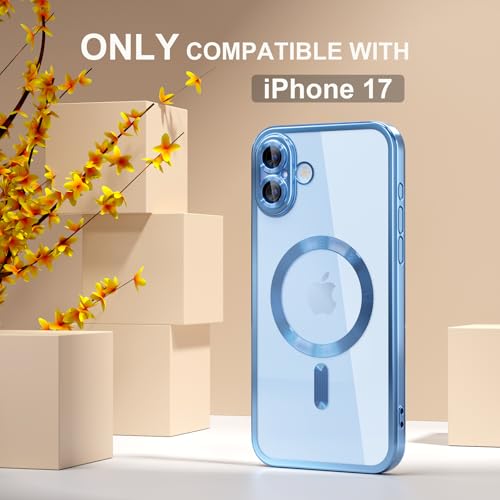 Image of Misea Magnetic for iPhone 17 Case Compatible with MagSafe Light Blue | [Never Yellowing] [Military Drop Protection] Full Camera Lens Protector Plating Soft Clear Phone Case for Women, Sky Blue