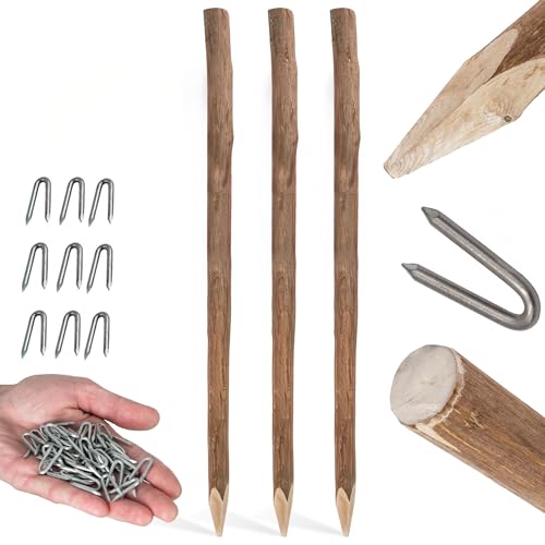 BOGATECO 3 x Haselnuss Staketenzaun Pfosten | Angespitzte Holz-Pfahl | 3-teiliges Set für einen 500 cm Langen Gartenzaun Zaunpfosten Hozpflock Holzzaun Zaunpfähle Holzpfosten rund (3X 180 cm HOCH)
