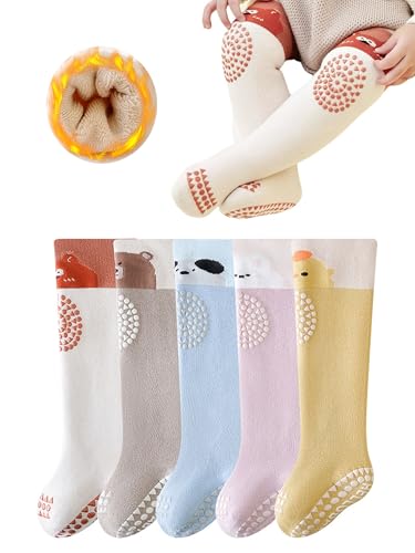 Toddler Non Skid Knee High Sock with Grip Baby Warm Thick Anti Slip Sock Unisex Newborn Crawling Stocking 5 Pairs