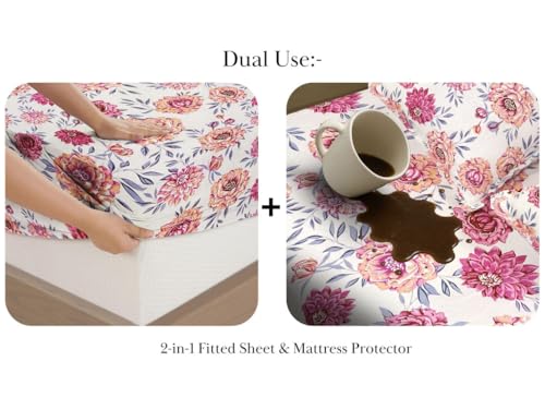 Image of HOMEKART Waterproof Fitted Bedsheet for King Size 78x72+10 inch | Leakproof, Noiseless, Skin-Friendly | Elastic Bed Sheet with 2 Pillow Covers | Dustproof & Breathable -Pink & White